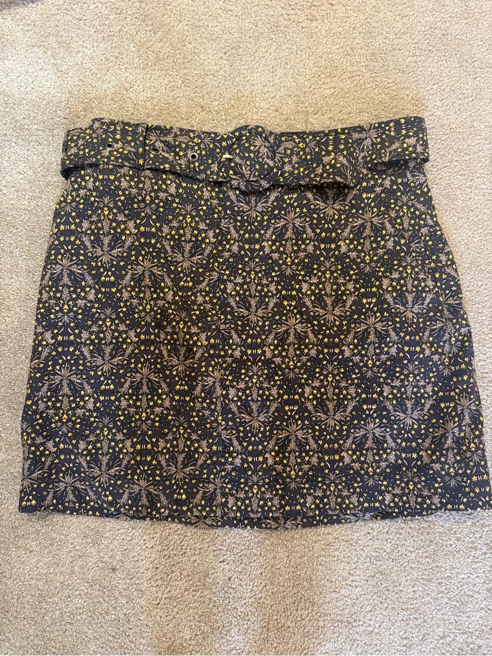 MINKPINK Black Floral Belted Mini Skirt with Yellow Accents
